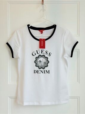 GUESS White Short-Sleeve Tee with Black Trim